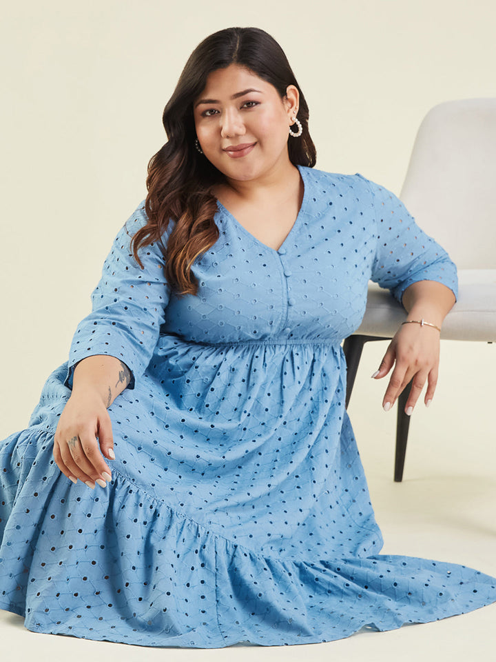 Janasya Women's Plus Size Light Blue Pure Cotton Schiffli Fit & Flare Dress - qivii