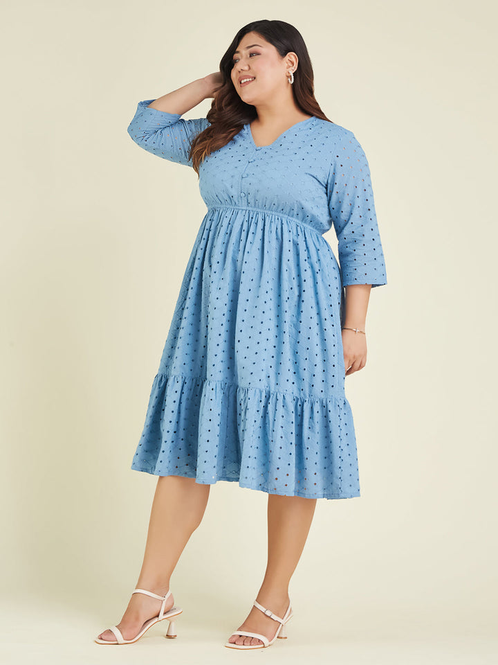 Janasya Women's Plus Size Light Blue Pure Cotton Schiffli Fit & Flare Dress - qivii