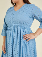 Janasya Women's Plus Size Light Blue Pure Cotton Schiffli Fit & Flare Dress