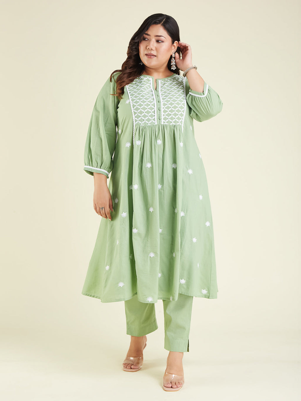 Janasya Women's Light Green Pure Cotton Embroidered A-line Kurta Set