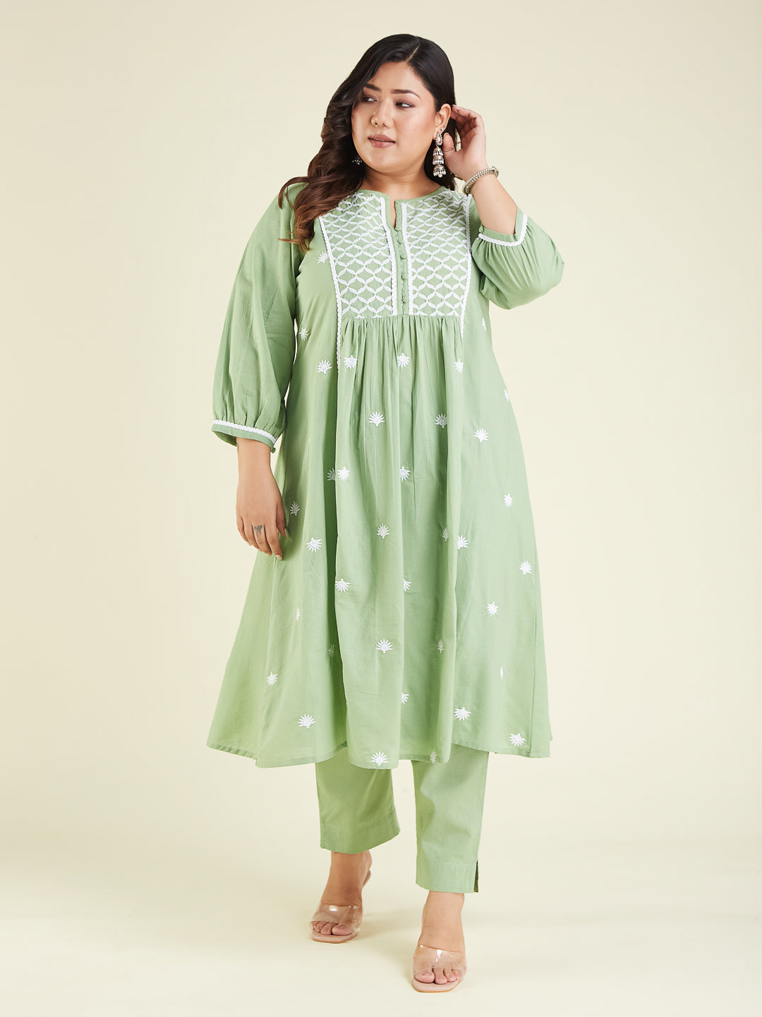 Janasya Women's Light Green Pure Cotton Embroidered A-line Kurta Set