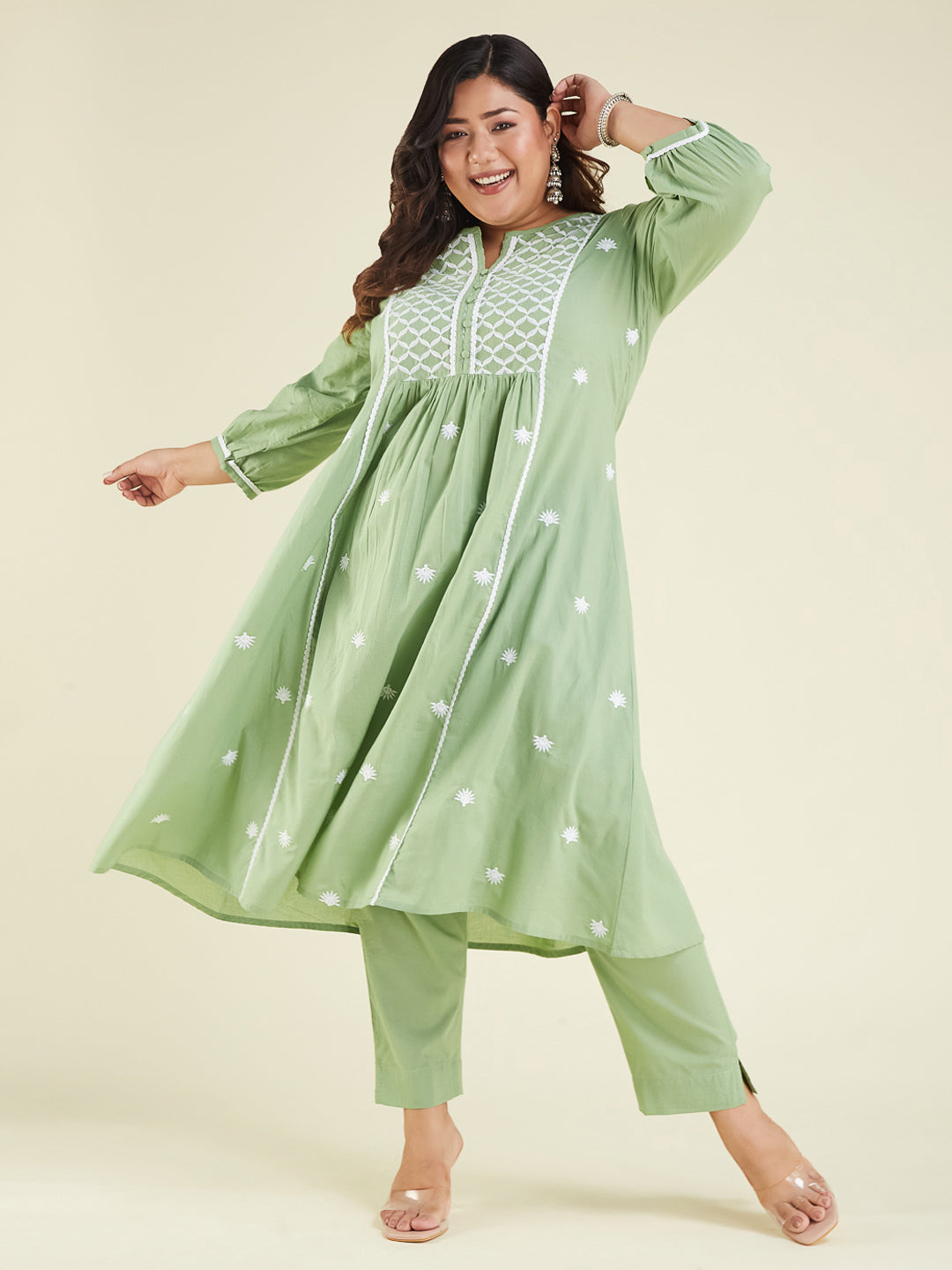 Janasya Women's Light Green Pure Cotton Embroidered A-line Kurta Set - qivii