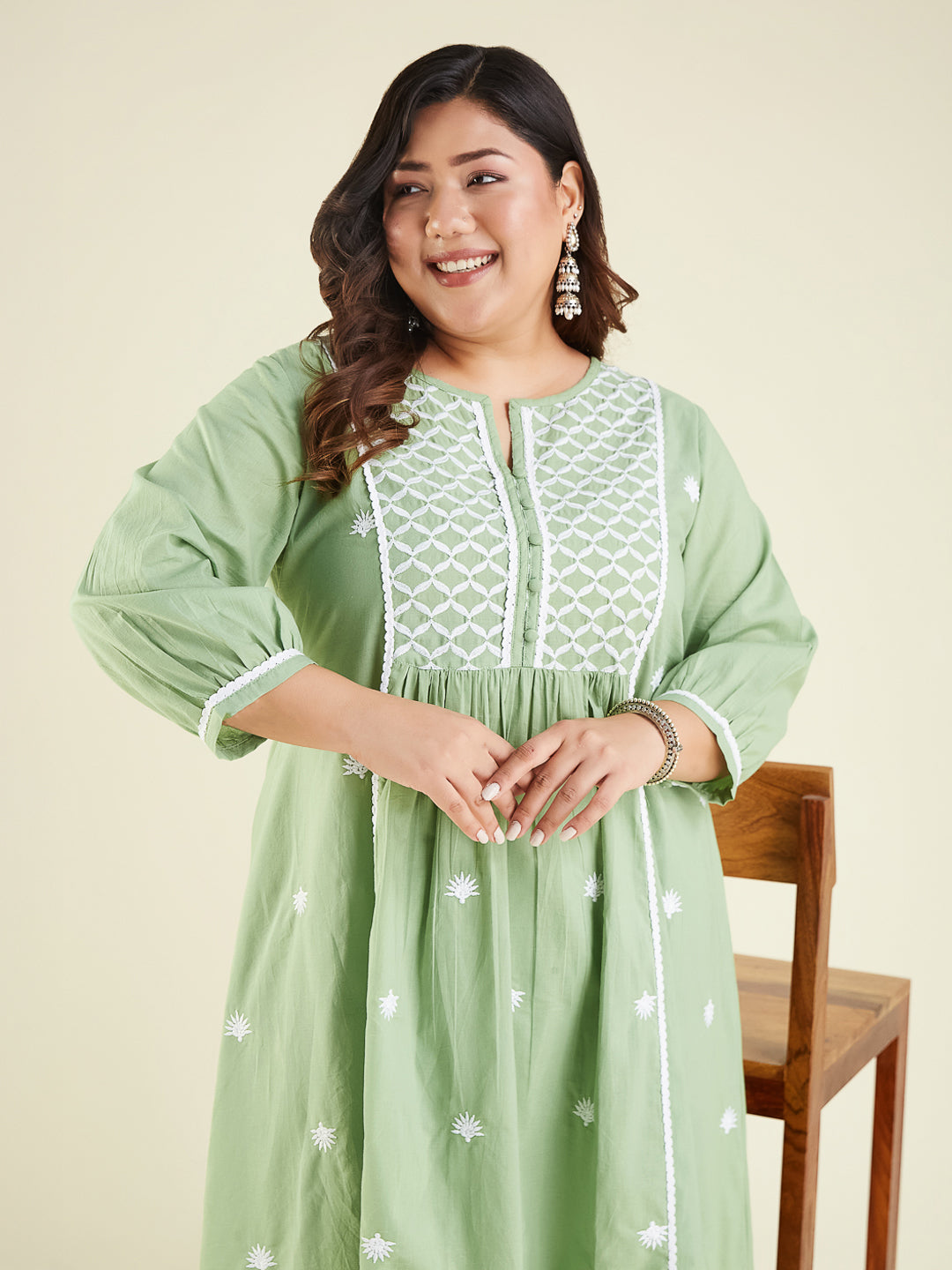 Janasya Women's Light Green Pure Cotton Embroidered A-line Kurta Set