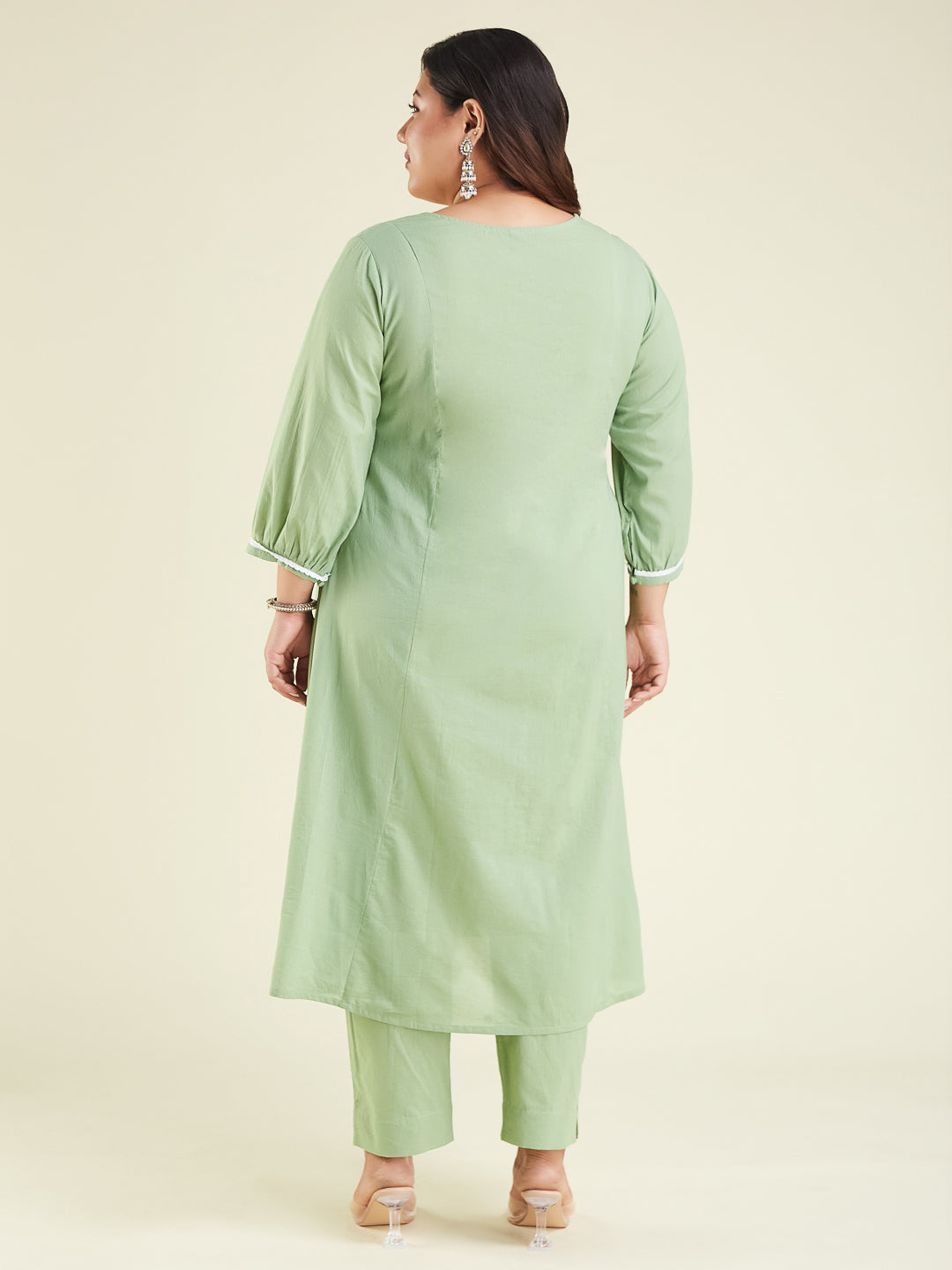 Janasya Women's Light Green Pure Cotton Embroidered A-line Kurta Set - qivii