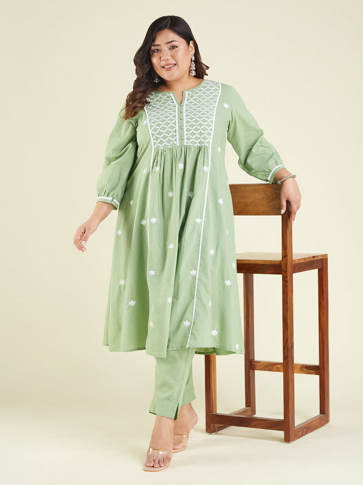 Janasya Women's Light Green Pure Cotton Embroidered A-line Kurta Set - qivii