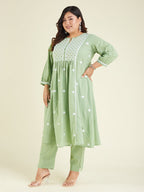 Janasya Women's Light Green Pure Cotton Embroidered A-line Kurta Set