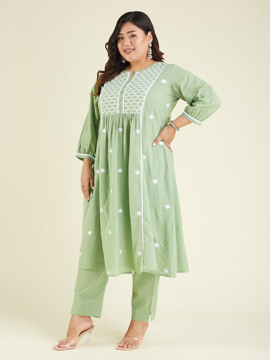 Janasya Women's Light Green Pure Cotton Embroidered A-line Kurta Set
