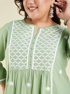 Janasya Women's Light Green Pure Cotton Embroidered A-line Kurta Set