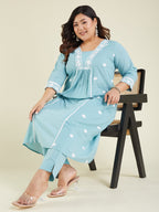 Janasya Women's Plus Size Light Blue Pure Cotton Embroidered A-line Kurta Pant Set