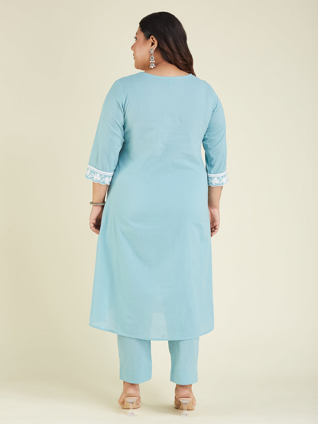 Janasya Women's Plus Size Light Blue Pure Cotton Embroidered A-line Kurta Pant Set