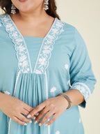 Janasya Women's Plus Size Light Blue Pure Cotton Embroidered A-line Kurta Pant Set
