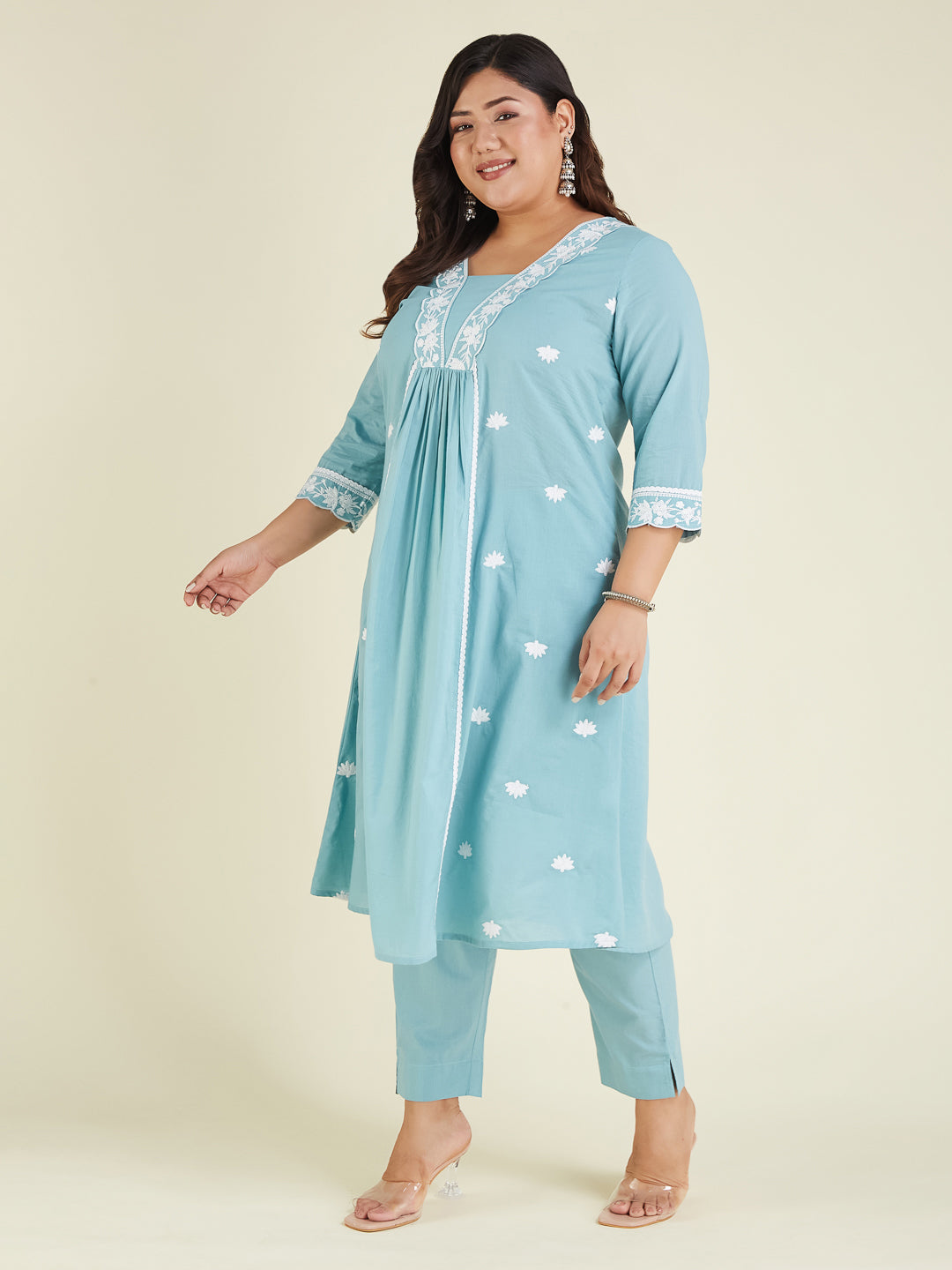 Janasya Women's Plus Size Light Blue Pure Cotton Embroidered A-line Kurta Pant Set - qivii