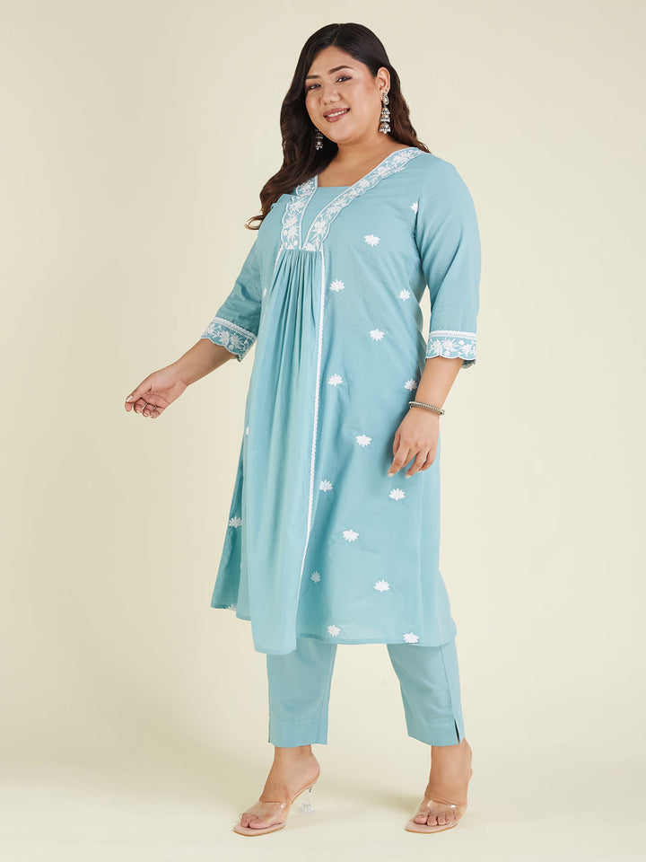 Janasya Women's Plus Size Light Blue Pure Cotton Embroidered A-line Kurta Pant Set - qivii