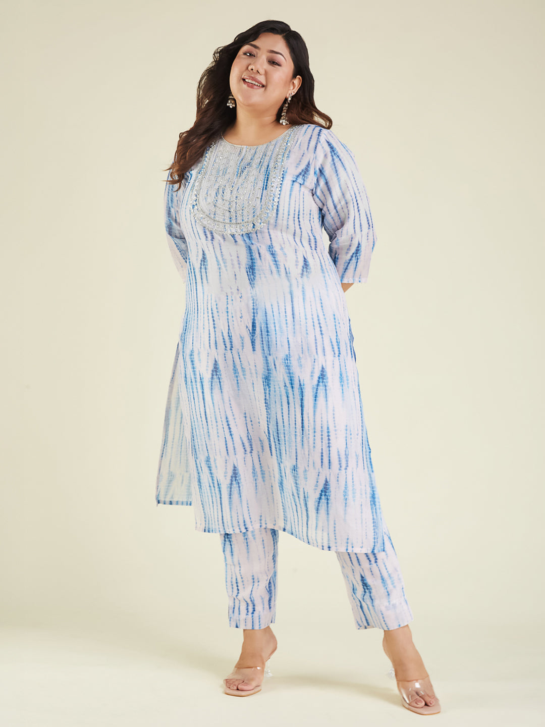 Janasya Women's Plus Size Blue Silk Blend Tie & Dye Yoke Embroidered Straight Kurta Pant Set - qivii