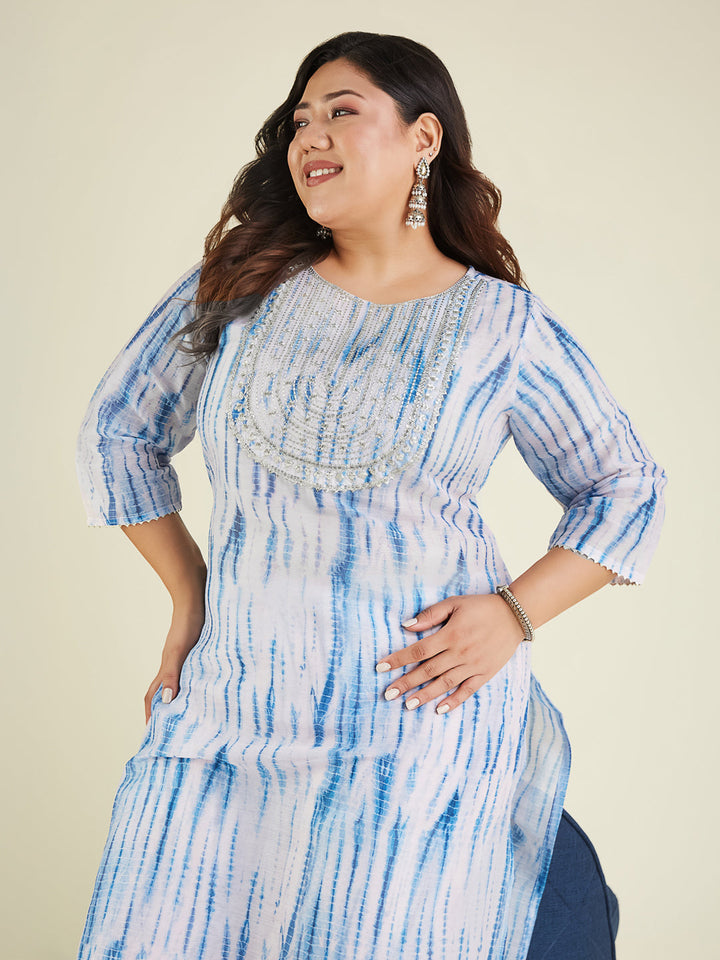 Janasya Women's Plus Size Blue Silk Blend Tie & Dye Yoke Embroidered Straight Kurta Pant Set - qivii