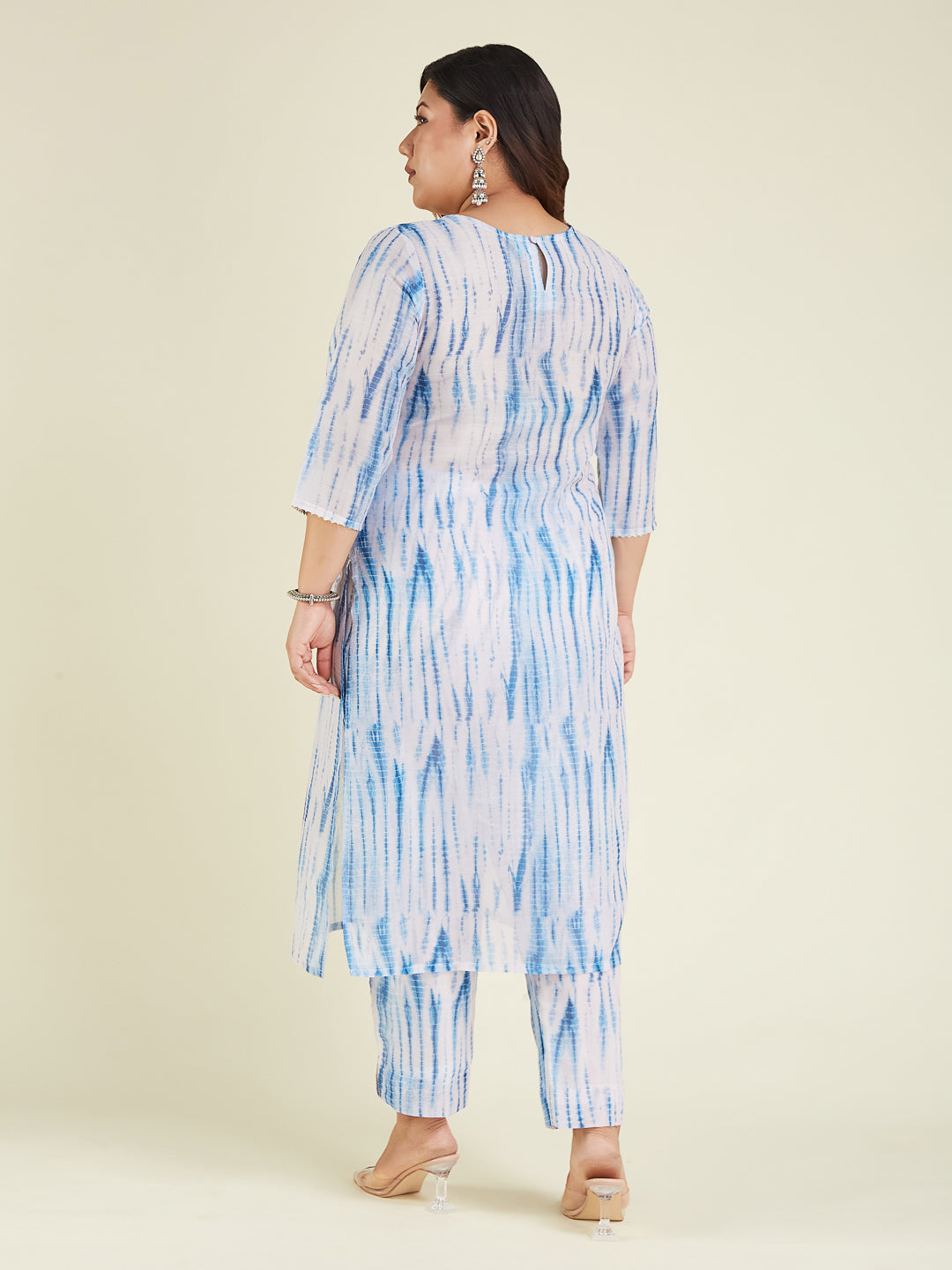 Janasya Women's Plus Size Blue Silk Blend Tie & Dye Yoke Embroidered Straight Kurta Pant Set - qivii