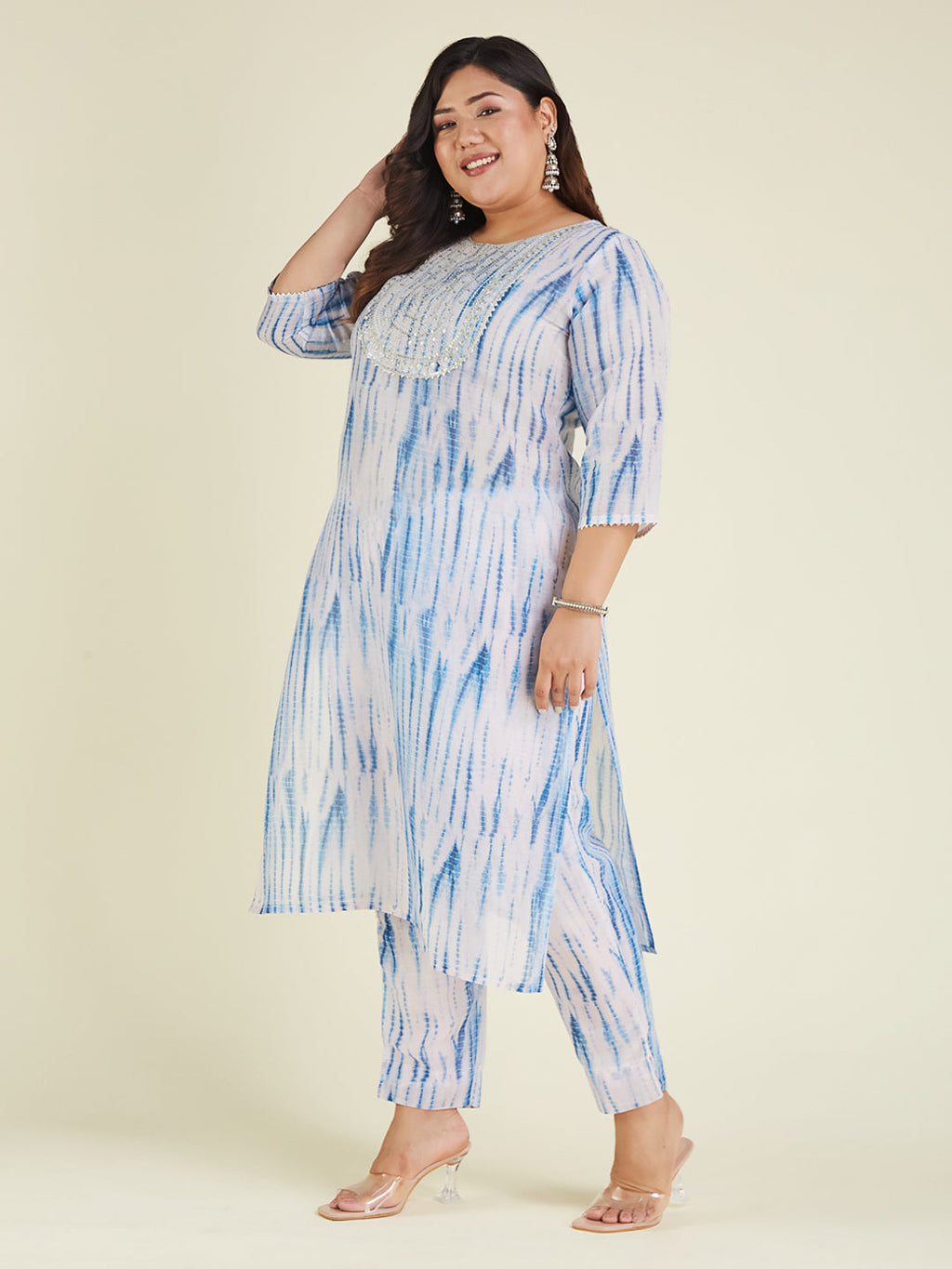 Janasya Women's Plus Size Blue Silk Blend Tie & Dye Yoke Embroidered Straight Kurta Pant Set