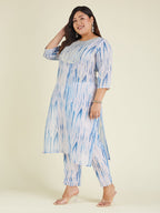 Janasya Women's Plus Size Blue Silk Blend Tie & Dye Yoke Embroidered Straight Kurta Pant Set