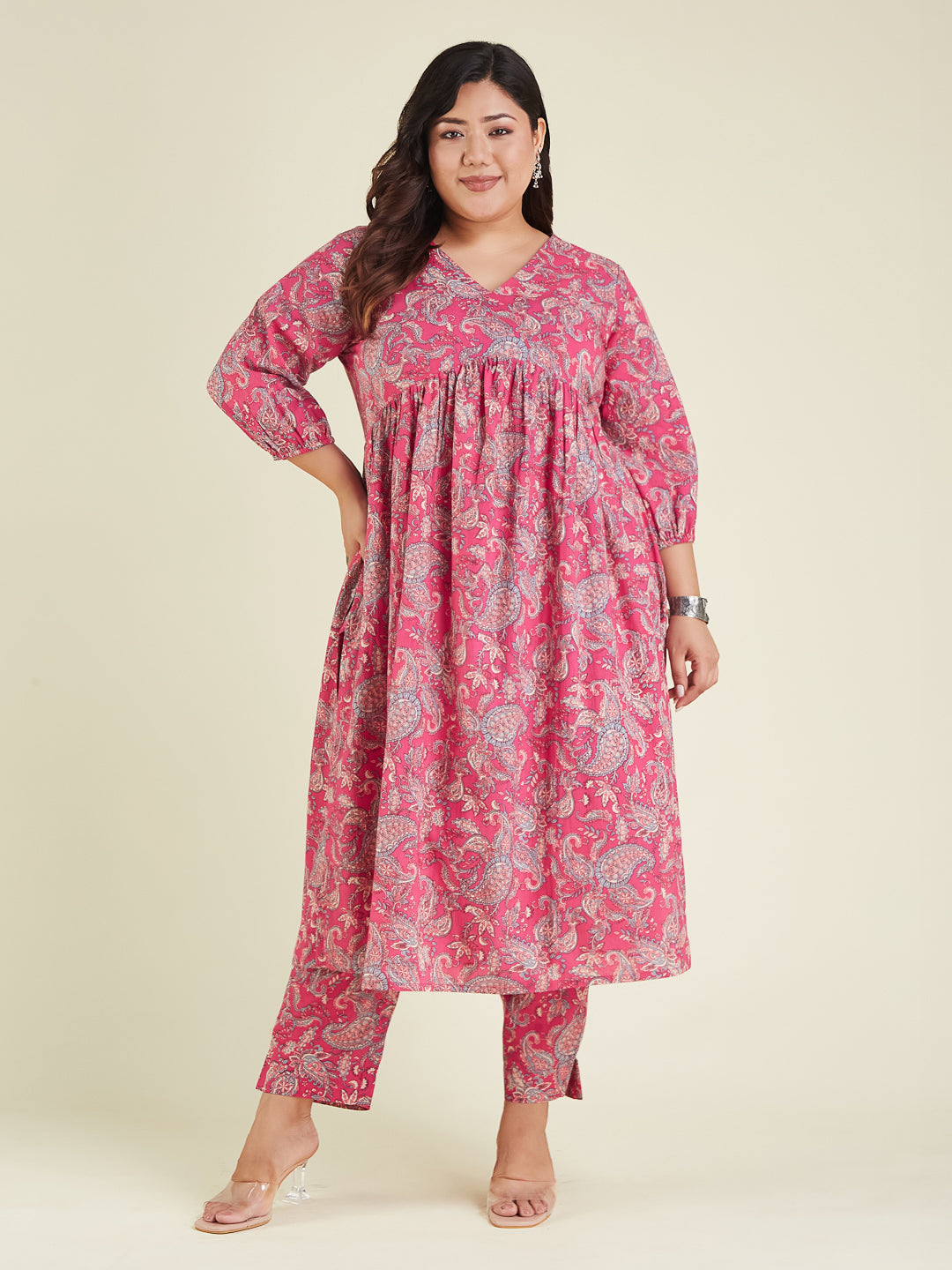 Janasya Women's Plus Size Pink Pure Cotton Floral Printed A-line Kurta Pant Set