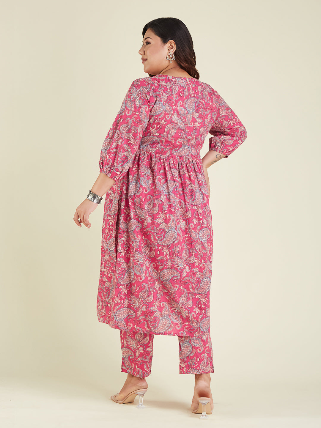 Janasya Women's Plus Size Pink Pure Cotton Floral Printed A-line Kurta Pant Set - qivii