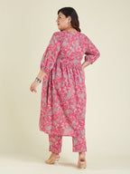 Janasya Women's Plus Size Pink Pure Cotton Floral Printed A-line Kurta Pant Set