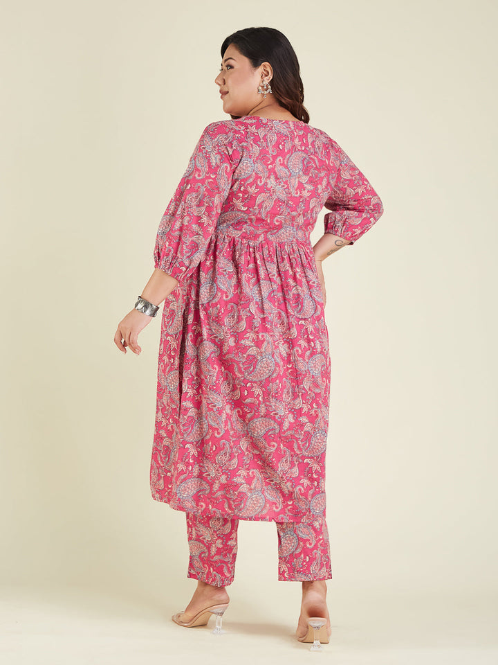 Janasya Women's Plus Size Pink Pure Cotton Floral Printed A-line Kurta Pant Set - qivii