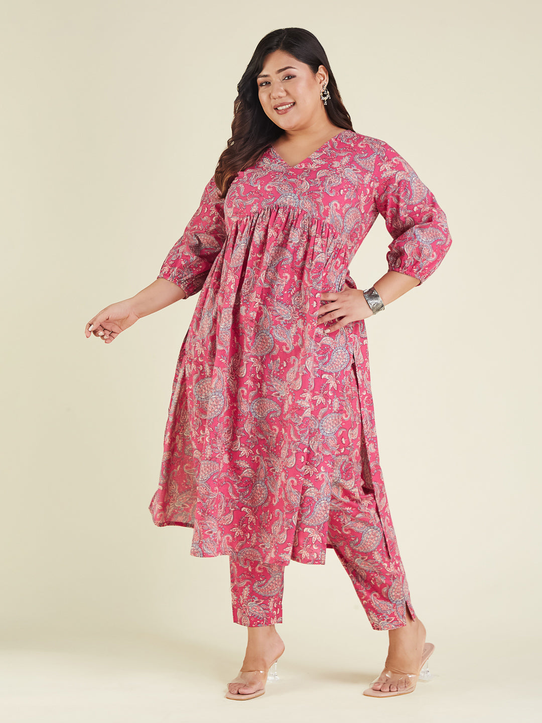 Janasya Women's Plus Size Pink Pure Cotton Floral Printed A-line Kurta Pant Set