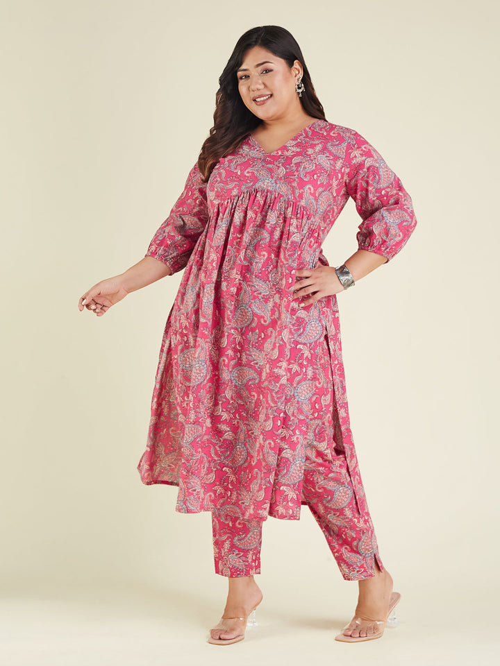 Janasya Women's Plus Size Pink Pure Cotton Floral Printed A-line Kurta Pant Set - qivii