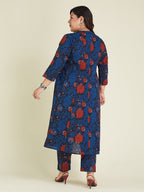 Janasya Women's Plus Size Navy Blue Pure Cotton Floral Printed A-line Kurta Pant Set