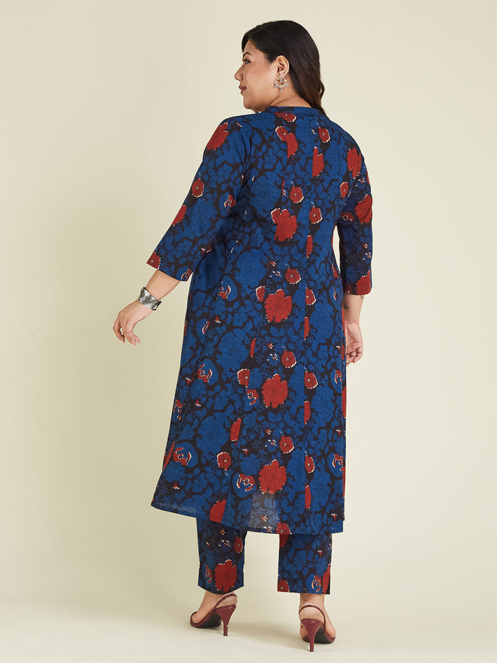 Janasya Women's Plus Size Navy Blue Pure Cotton Floral Printed A-line Kurta Pant Set - qivii