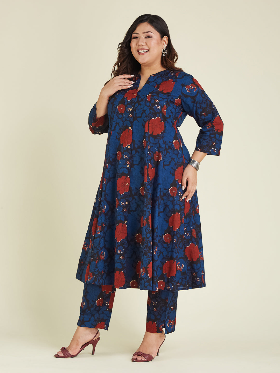 Janasya Women's Plus Size Navy Blue Pure Cotton Floral Printed A-line Kurta Pant Set