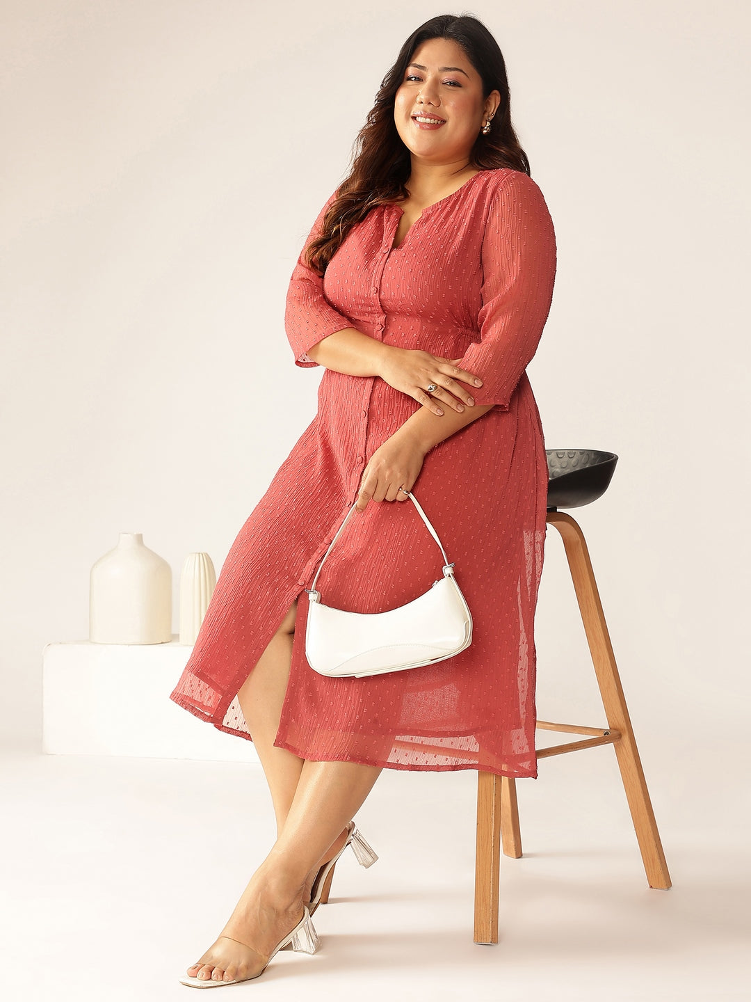 Janasya Women's Plus Size Mauve Dobby Chiffon Self Design A-line Kurta - qivii