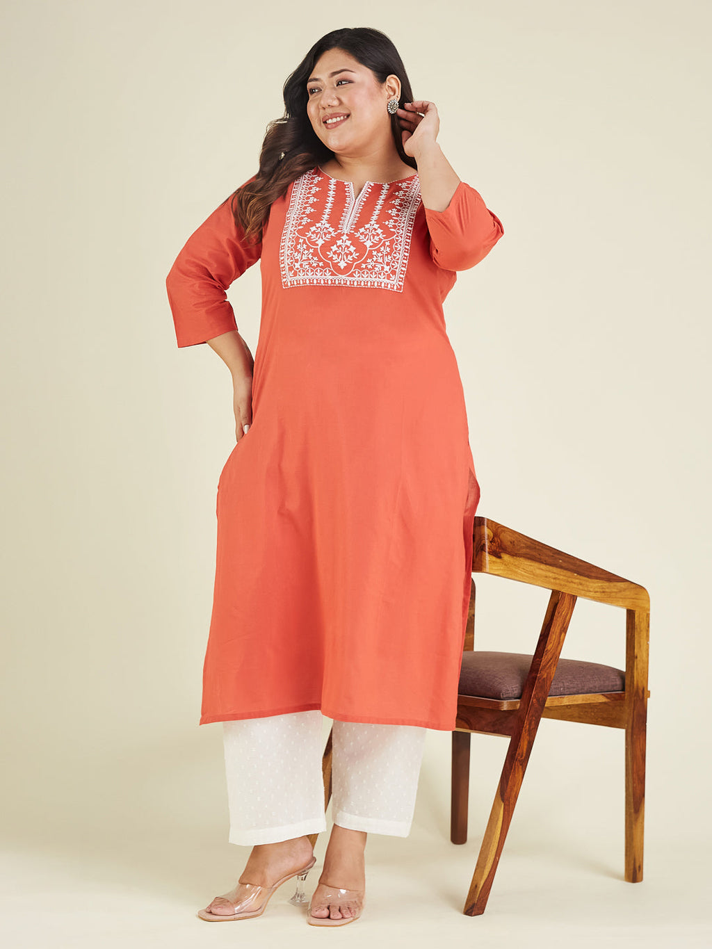 Janasya Women's Plus Size Rust Pure Cotton Yoke Embroidered Straight Kurta