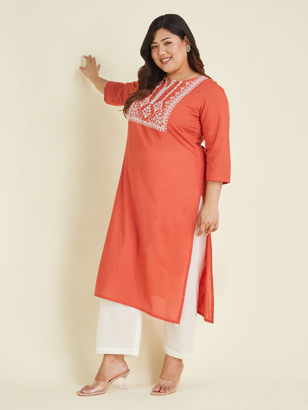 Janasya Women's Plus Size Rust Pure Cotton Yoke Embroidered Straight Kurta