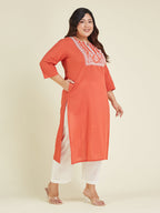 Janasya Women's Plus Size Rust Pure Cotton Yoke Embroidered Straight Kurta