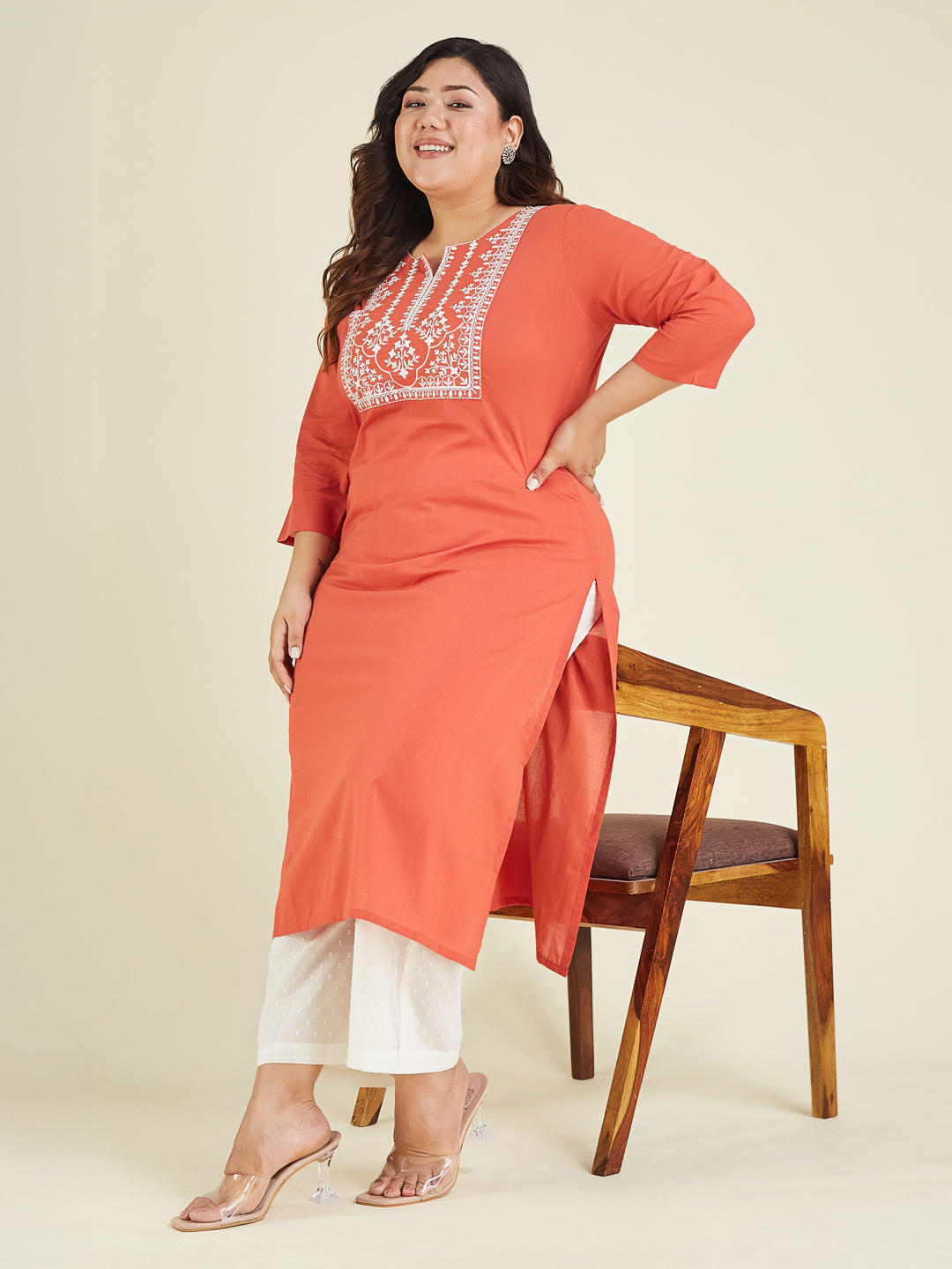 Janasya Women's Plus Size Rust Pure Cotton Yoke Embroidered Straight Kurta - qivii