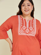 Janasya Women's Plus Size Rust Pure Cotton Yoke Embroidered Straight Kurta