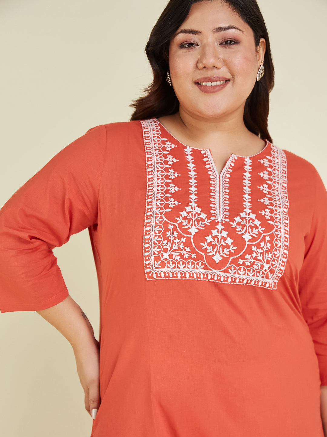 Janasya Women's Plus Size Rust Pure Cotton Yoke Embroidered Straight Kurta