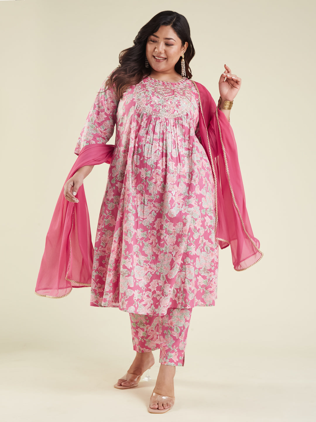 Janasya Women's Plus Size Pink Pure Cotton Yoke Embroidered Floral Printed A-line Kurta Set