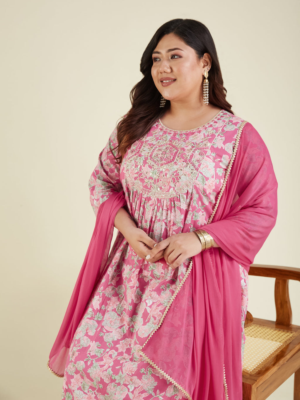 Janasya Women's Plus Size Pink Pure Cotton Yoke Embroidered Floral Printed A-line Kurta Set