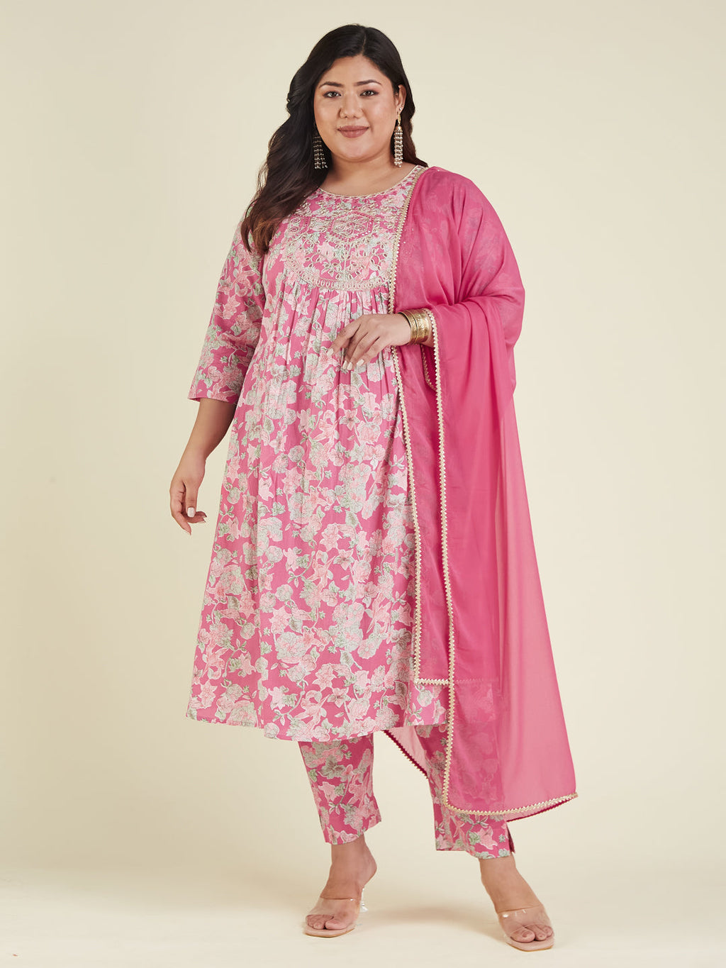 Janasya Women's Plus Size Pink Pure Cotton Yoke Embroidered Floral Printed A-line Kurta Set
