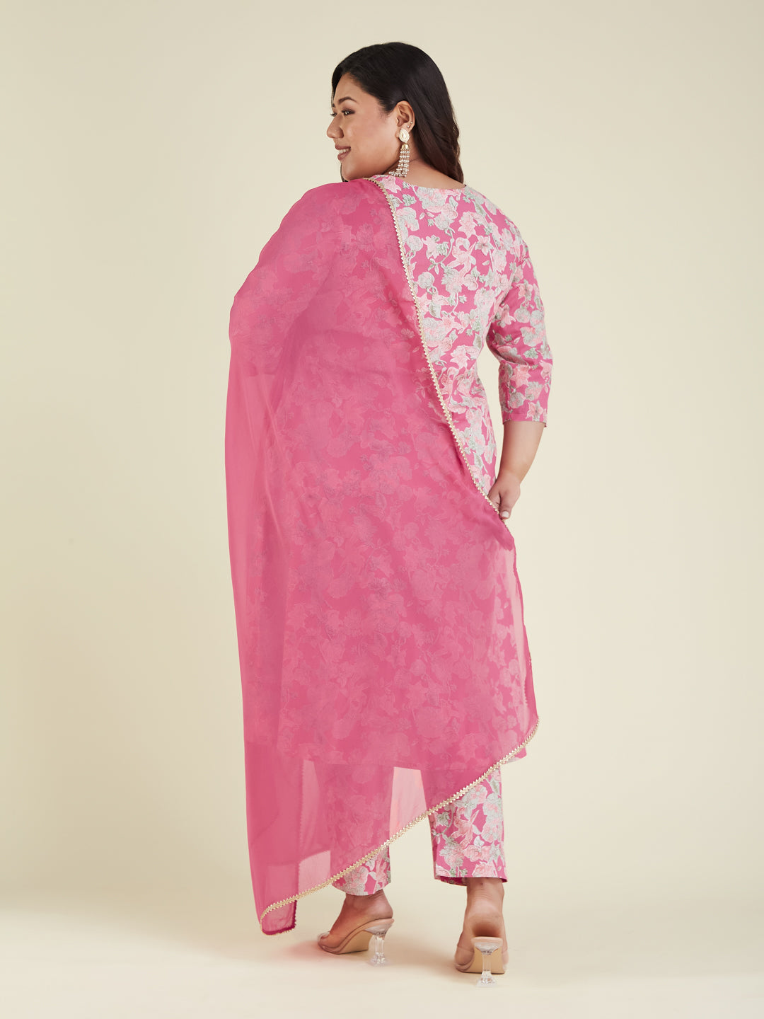 Janasya Women's Plus Size Pink Pure Cotton Yoke Embroidered Floral Printed A-line Kurta Set - qivii