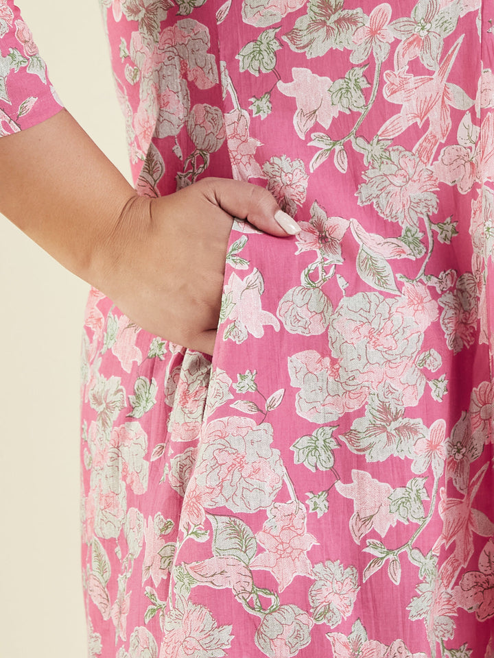 Janasya Women's Plus Size Pink Pure Cotton Yoke Embroidered Floral Printed A-line Kurta Set - qivii