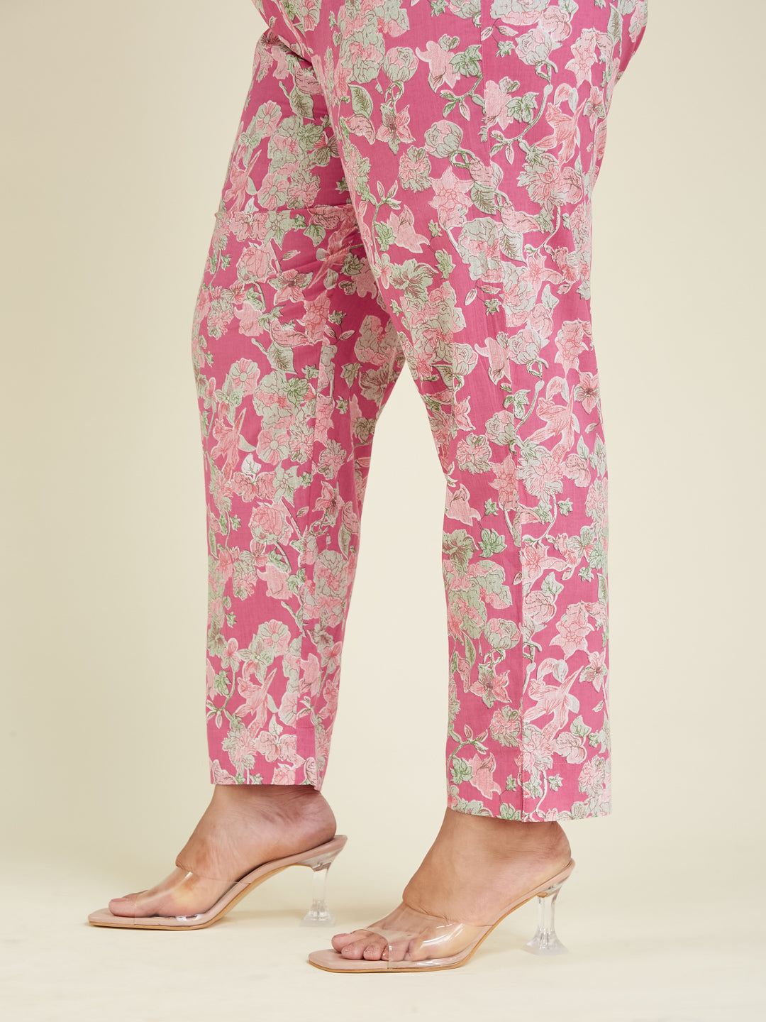 Janasya Women's Plus Size Pink Pure Cotton Yoke Embroidered Floral Printed A-line Kurta Set - qivii