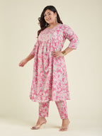 Janasya Women's Plus Size Pink Pure Cotton Yoke Embroidered Floral Printed A-line Kurta Set