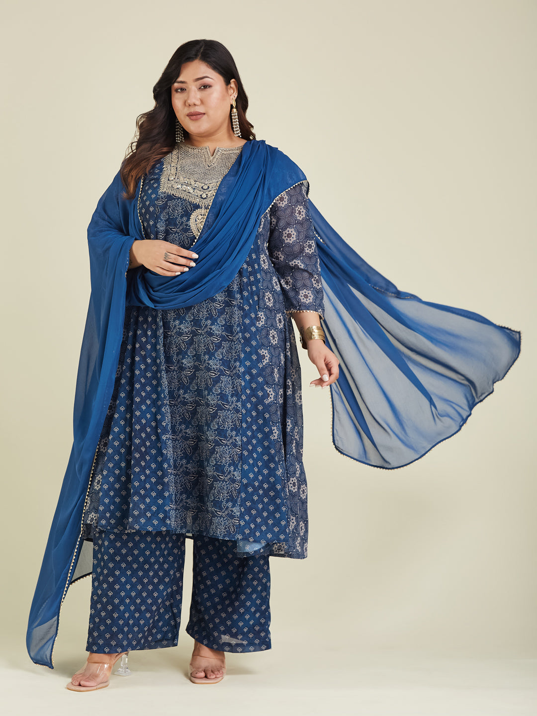 Janasya Women's Plus Size Dark Blue Georgette Ajrakh Printed Embellished Anarkali Kurta Set - qivii