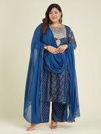 Janasya Women's Plus Size Dark Blue Georgette Ajrakh Printed Embellished Anarkali Kurta Set
