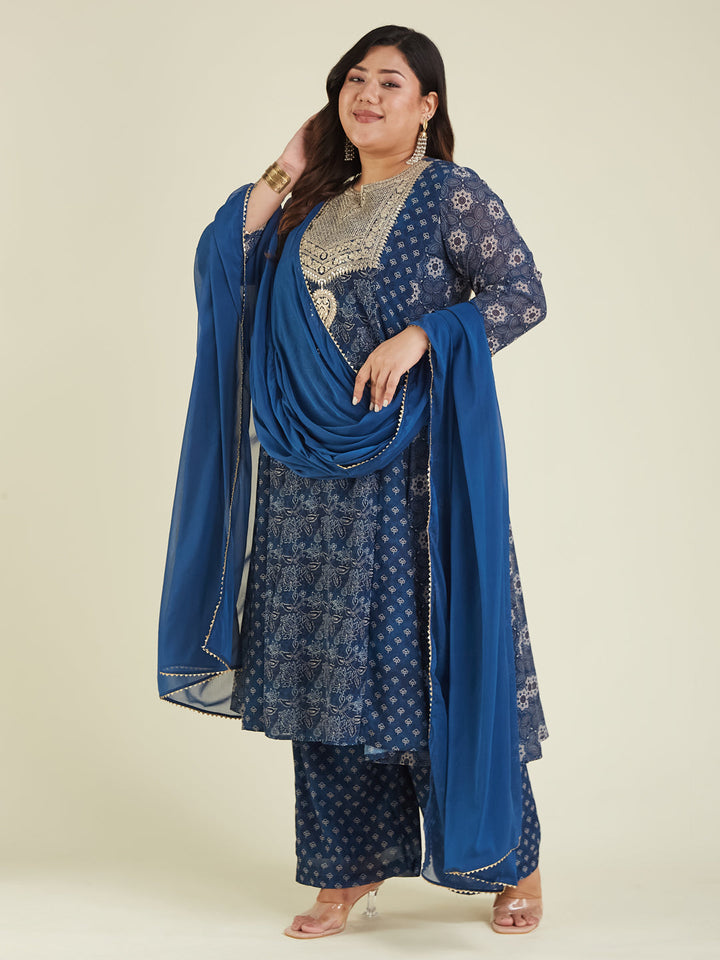 Janasya Women's Plus Size Dark Blue Georgette Ajrakh Printed Embellished Anarkali Kurta Set - qivii