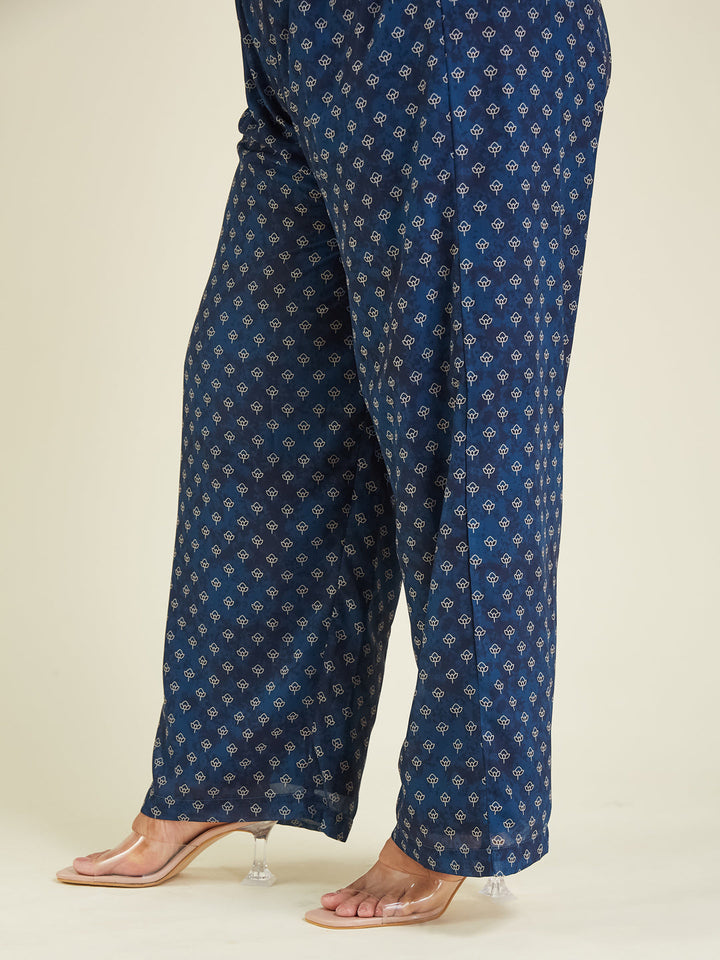 Janasya Women's Plus Size Dark Blue Georgette Ajrakh Printed Embellished Anarkali Kurta Set - qivii