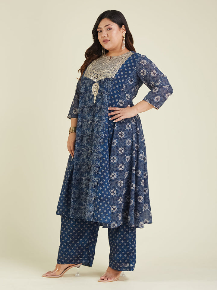 Janasya Women's Plus Size Dark Blue Georgette Ajrakh Printed Embellished Anarkali Kurta Set - qivii